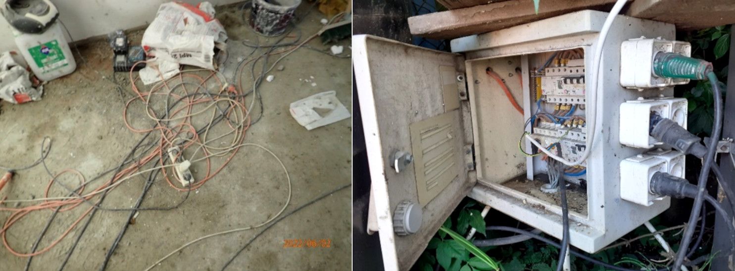 kolaż dwóch zdjęć przedstawia nieprawidłowości związane z eksploatacją instalacji i urządzeń elektrycznych