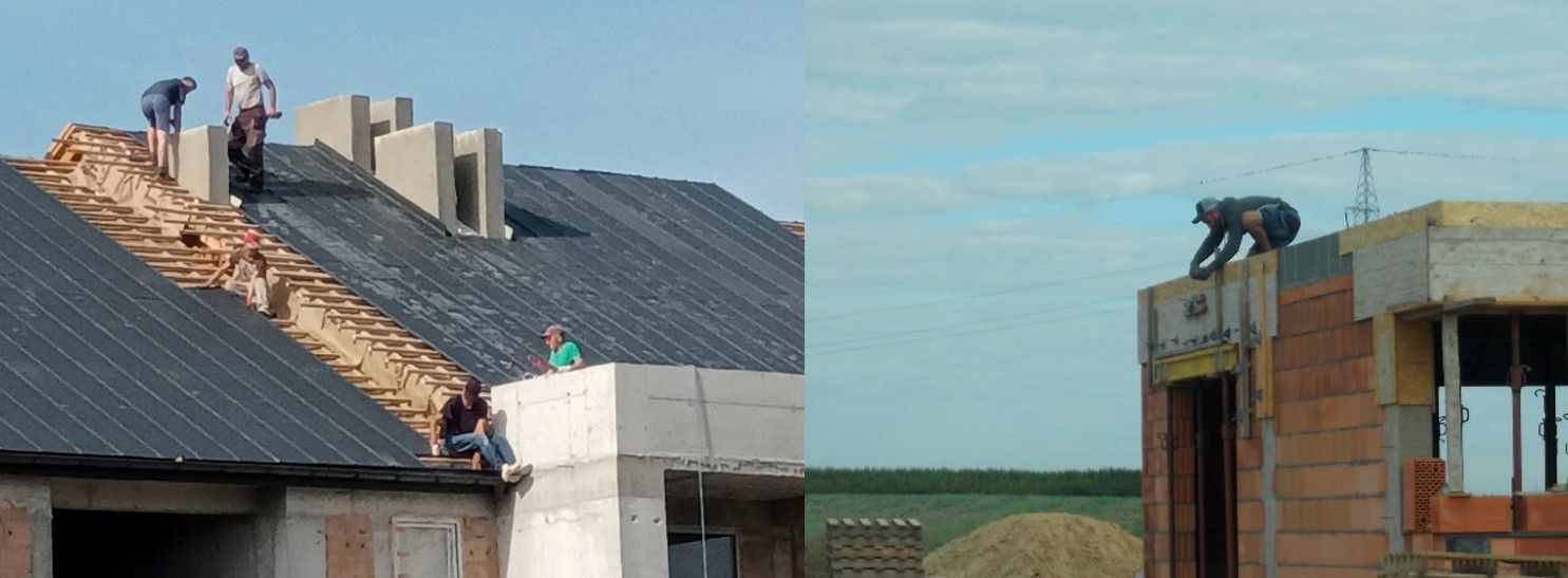 kolaż dwóch zdjęć, ludzie pracujący na dachu bez zabezpiecznia 